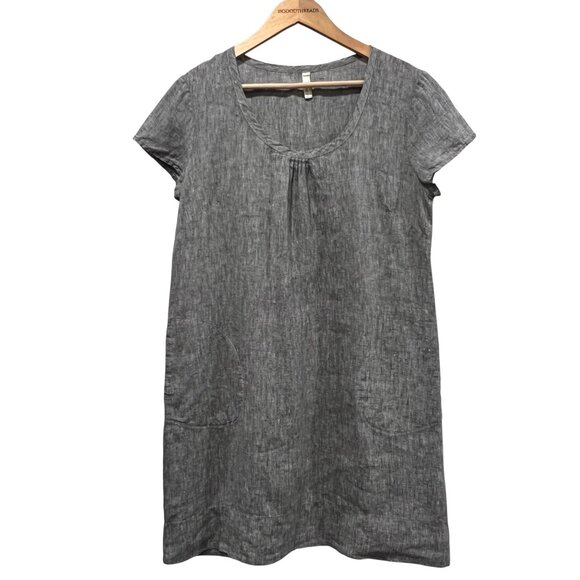 Nuthatch Shirred Washed Linen Pullover Dress, Gray, L - Picture 1 of 11